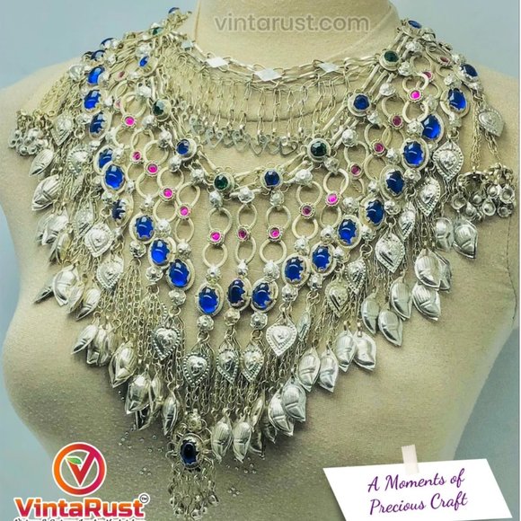 Gypsy Silver Kuchi Massive Choker Necklace With Blue Glass Stones, - Picture 5 of 7